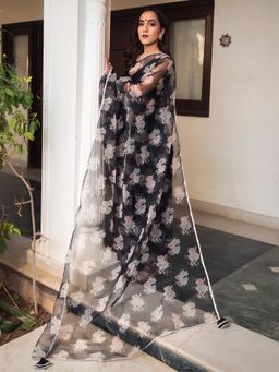 POMCHA - Snowdrop Black Printed Organza Saree With Unstitched Blouse