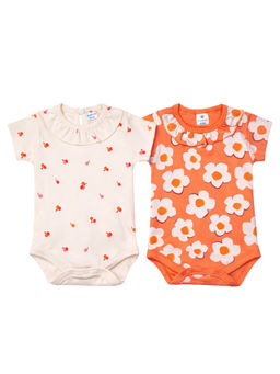 Blumbuds - Baby Girls Orange and Off White Cotton Romper- (Pack Of 2)