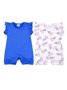 Blumbuds - Baby Girls Blue and White Cotton Romper- (Pack Of 2)
