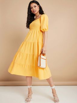 Styli - Yellow Half Volume Sleeves Square Neck Cotton Tiered Midi Dress