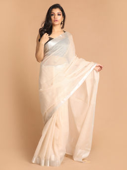 Indethnic - Kota Beige Solid Work Wear Saree With Unstitched Blouse