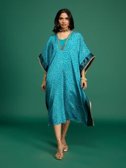 Gajra Gang - Teal Chinon Bandhani Embellished Kaftan with Slip Casa Mexicana
