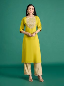 Gajra Gang - Lime Green Chanderi Embroidered Kurta with Pant Diwalicious