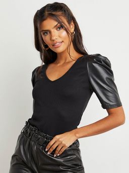 Styli - Black Pu Puff Sleeves Fitted Top