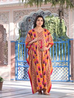 AUJJESSA - Rust Multi Printed Front Zipper Maternity Feeding Kaftan