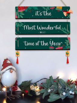 Indigifts - Christmas Box Quotes Printed Teal 3 Panel Hanging Cherry Hanging Ribbon Bow ,Home Décor