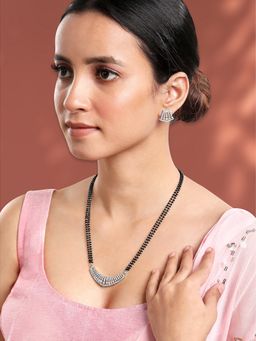 Peora - Silver Plated Cubic Zirconia Studded Pendant Mangalsutra Stud Earring Set For Women