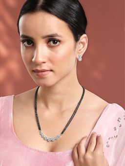 Peora - Silver Plated Cubic Zirconia Studded Pendant Mangalsutra Drop Earring Set For Women