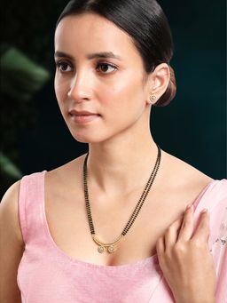 Peora - Gold Plated Cubic Zirconia Studded Pendant Mangalsutra Stud Earring Set For Women