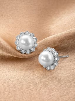Peora - Silver Plated Cubic Zirconia Pearl Studded Round Stud Earrings & Girls