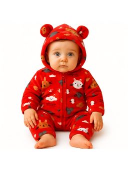 BABYZONE - Unisex Baby Winter Flannel Hooded Snowsuit Printed Romper - Red
