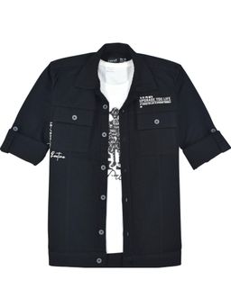 CAVIO - Boys Full Sleeves Typography Printed Shirt and T-shirt - Black