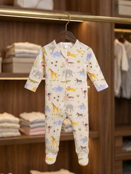 Oh My Bebe - Baby Safari Printed Cotton Zip Romper - Multi-Color