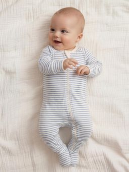 Oh My Bebe - Baby Mini Stripe Printed Cotton Zip Romper - White