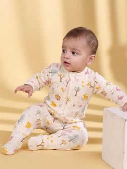 Oh My Bebe - Baby Woodland Printed Cotton Zip Romper - Beige