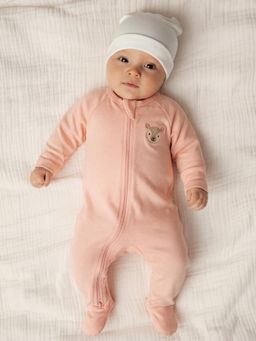 Oh My Bebe - Baby Solid Cotton Zip Romper - Pink
