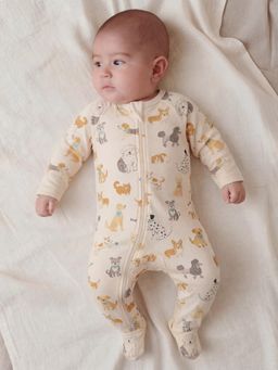 Oh My Bebe - Baby Puppy Friends Printed Cotton Zip Romper - Beige