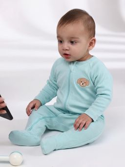 Oh My Bebe - Baby Solid Cotton Zip Romper - Blue