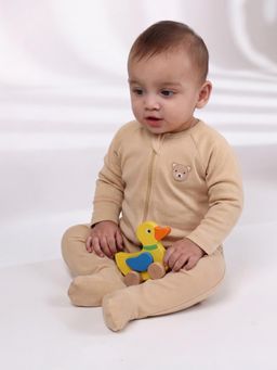 Oh My Bebe - Baby Solid Cotton Zip Romper - Beige