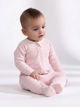 Oh My Bebe - Baby Mini Stripe Printed Cotton Zip Romper - Pink