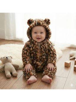 BABYZONE - Unisex Baby Hooded Animal Printed Ultra-Soft Fleece Winter Romper - Brown