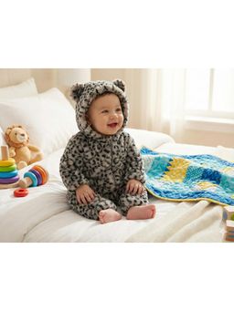 BABYZONE - Unisex Baby Hooded Animal Printed Ultra-Soft Fleece Winter Romper - Grey