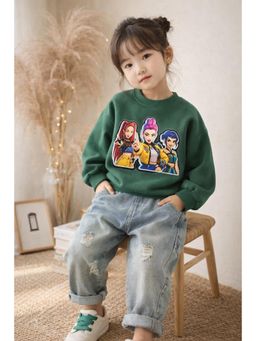Googo Gaaga - Kids Girls Cotton Character Printed Sweatshirt and Jeans - Green