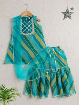 The Magic Wand - Sleeveless Leheriya Printed Kurta and Sharara with Dupatta - Green