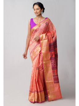 Unnati Silks - Red Block Printed Sico Saree with Unstitched Blouse