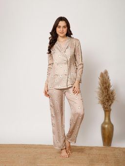 Drape In Vogue - Beige Floral Printed Shirt and Pyjama