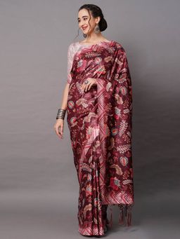 Odette - Maroon Festive Dole Silk Printed Saree with Unstitched Blouse