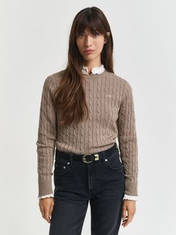 GANT - Women Brown Cotton Textured Round Neck Slim Fit Sweater