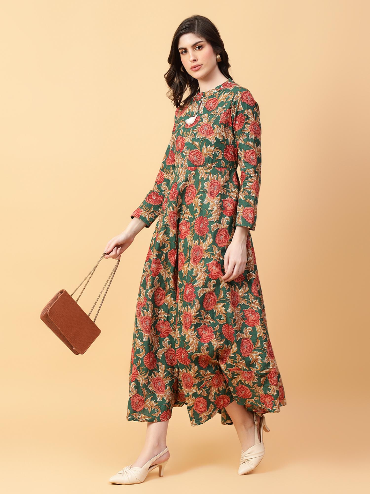 Green Cotton Floral Printed Maxi Dress-image-45