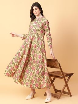 Aayusika - Beige Cotton Floral Printed Maxi Dress