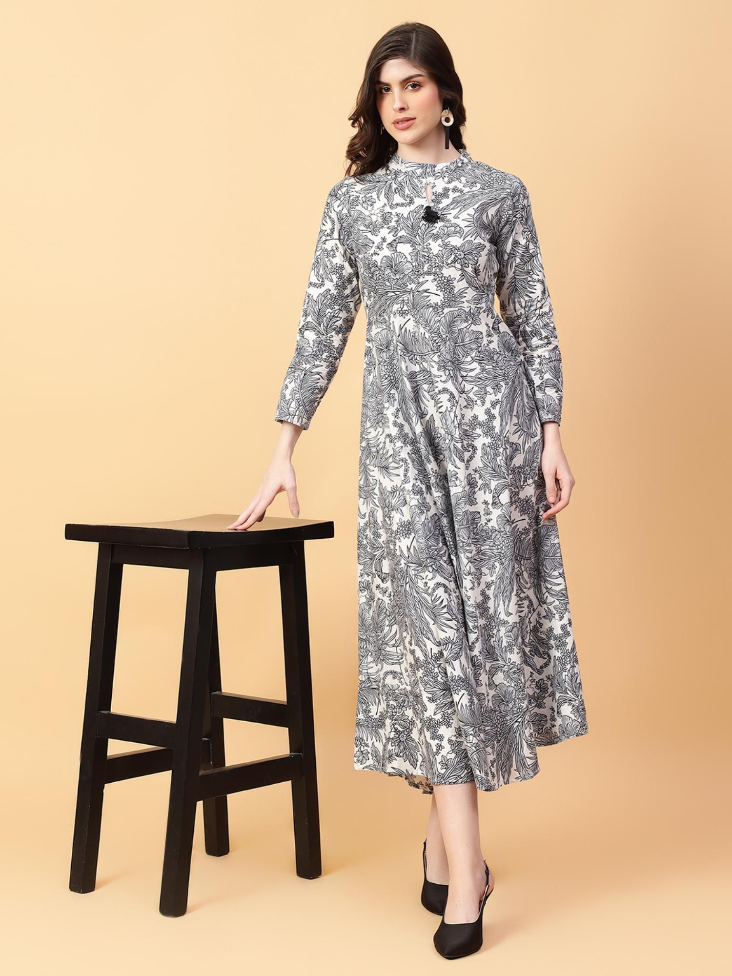 aayusika Grey Cotton Floral Printed Midi Dress-picture-34