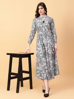 Aayusika - Grey Cotton Floral Printed Midi Dress