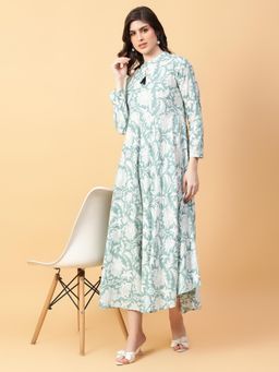 Aayusika - Green Cotton Floral Printed Midi Dress