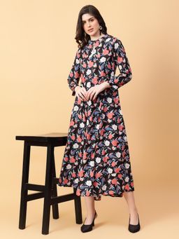 Aayusika - Black Cotton Floral Printed Midi Dress