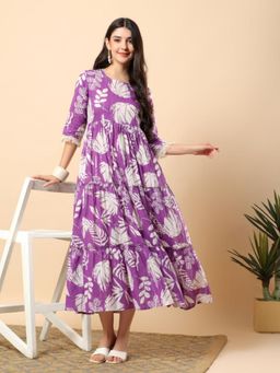 Aayusika - Purple Cotton Lurex Floral Printed Maxi Dress