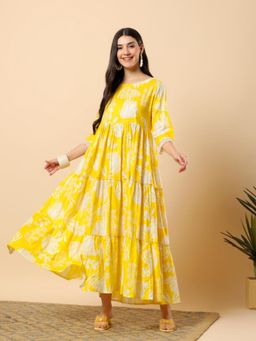 Aayusika - Yellow Cotton Lurex Floral Printed Maxi Dress