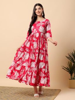 Aayusika - Pink Cotton Lurex Floral Printed Dress