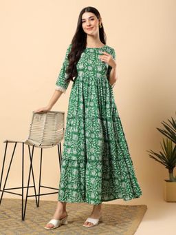 Aayusika - Green Cotton Floral Printed Maxi Dress