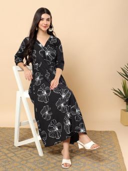 Aayusika - Black Cotton Floral Printed Maxi Dress