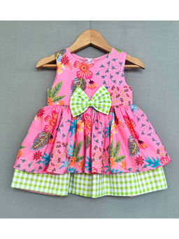 LABEL NEETI - Pink Floral Knee Length Dress with Gingham Checks