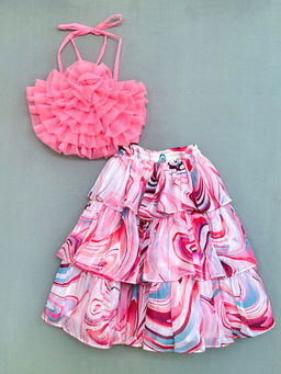 LABEL NEETI - Halter Neck Ruffles Top with Printed Layers Skirt (Set of 2)