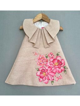 LABEL NEETI - Elegant Beige Knee Length Dress with Pleated Collar