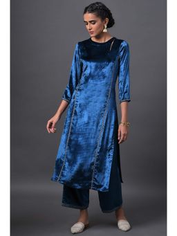 W - Teal Blue Embroidered Velvet Kurta with Straight Pants