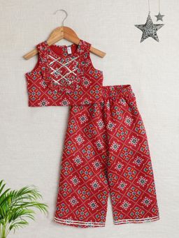 The Magic Wand - Red Sleeveless Kota Doria Printed Gota Top and Palazzo