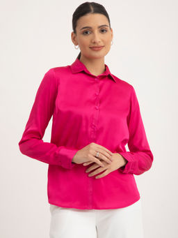 FableStreet - Satin Shirt Collar Shirt Fuchsia