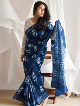Sundarii - Genda Blue Mul Cotton Saree with Unstitched Blouse